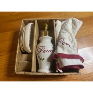 BHG Peace Bathroom Set Soap Dispenser Dish Towel Holiday Decor Gift New